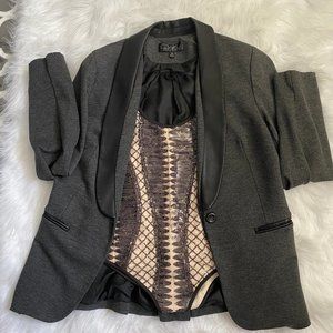 Gray Blazer / Nude and Black Sequin Mesh Bodysuit
